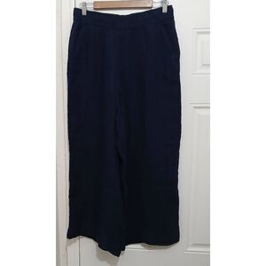 Tahari womens large 100% linen wide leg elastic waist   full length blue pants